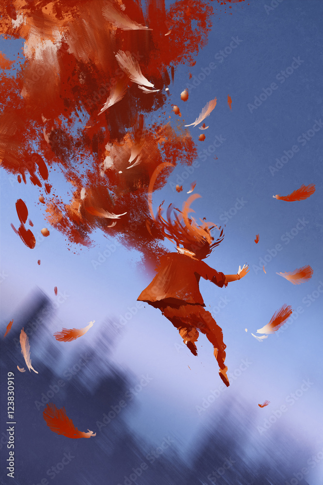 Fototapeta premium jumping man and red feathers on blue background,illustration painting