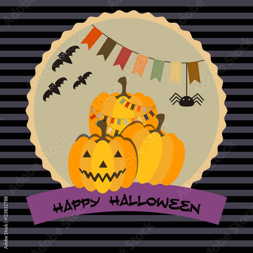 Halloween card with pumpkins, spider, bats and text photo