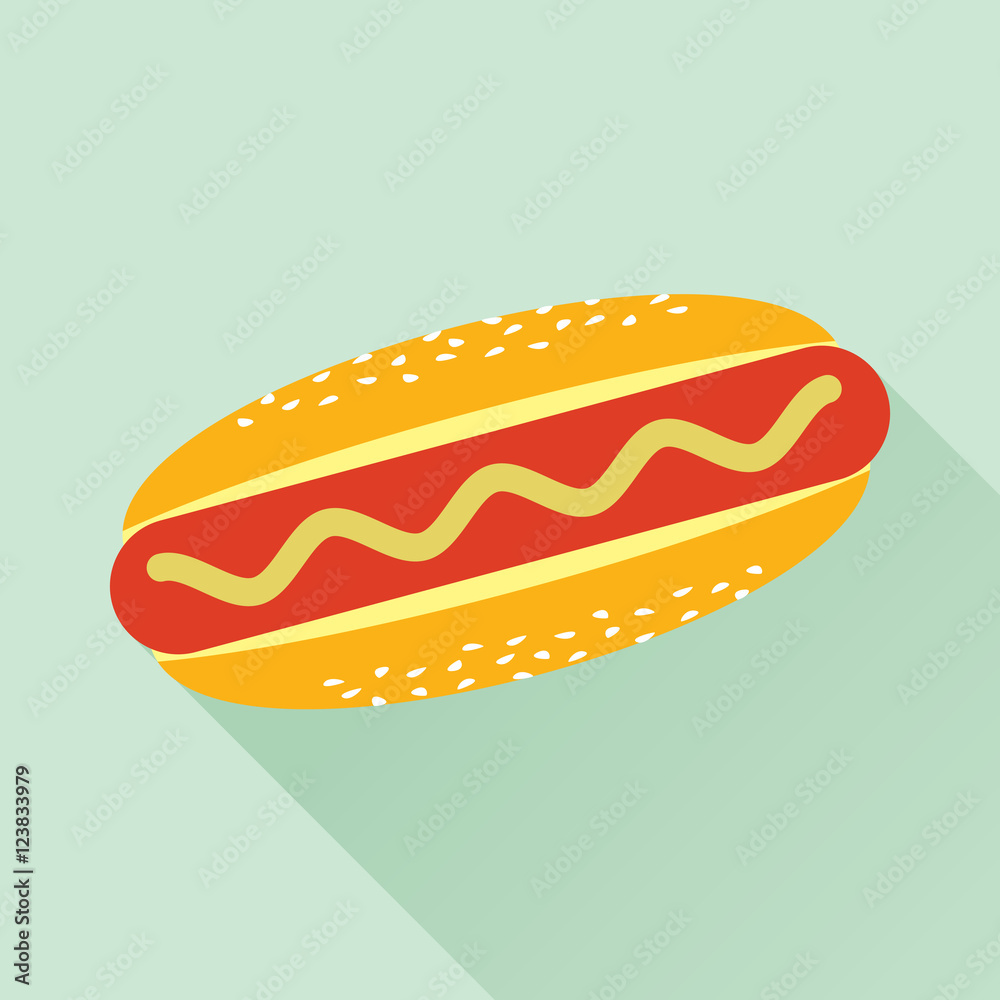 Delicious hotdog with mustard. Isolated flat icon. Fast food symbol for poster, menus, brochure and web. Vector eps8 illustration. Delicious hotdog with mustard. Isolated flat icon. Fast food symbol for poster, menus, brochure and web. Vector eps8 illustration.