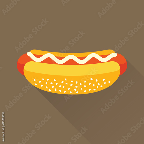 Fototapeta Naklejka Na Ścianę i Meble -  Delicious hotdog with mayonnaise. Isolated flat icon. Fast food symbol for poster, menus, brochure and web. Vector eps8 illustration.