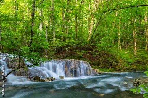 Waterfall and wild river in the forest  in spring