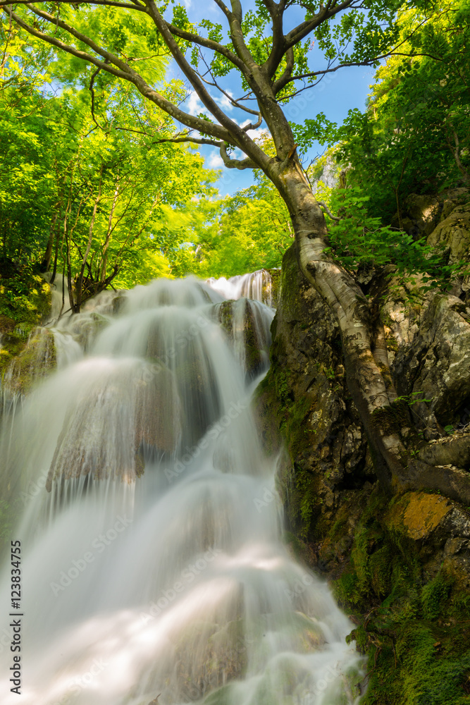 Obraz premium Pretty waterfalls deep in the woods, on a bright sunny day in spring