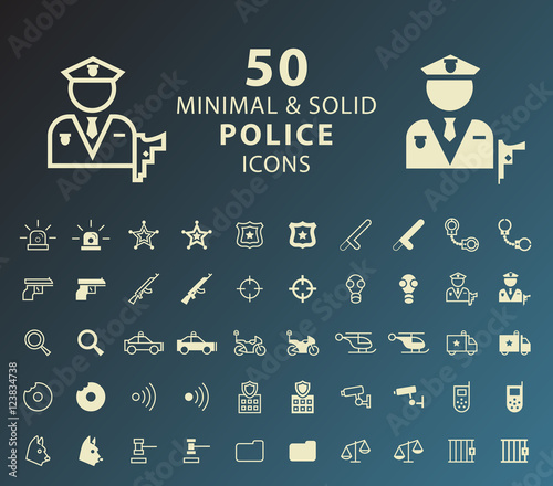 Set of 50 Minimal and Solid Police Icons. Vector Isolated Elements.