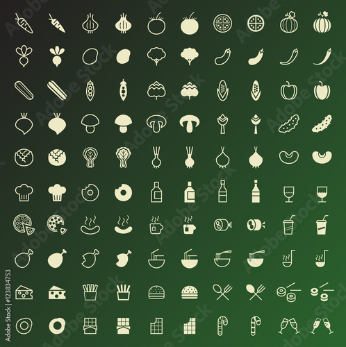 Set of 100 Vegetables and Food Minimal and Solid Icons. Vector Isolated Elements. 
