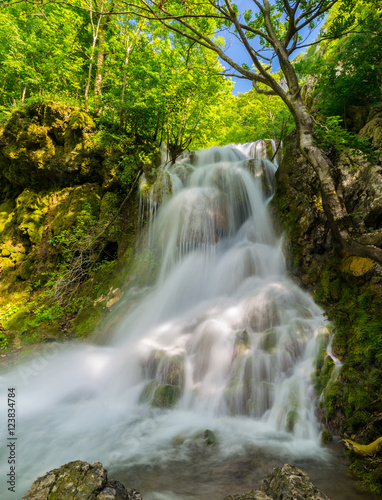 Fototapeta Naklejka Na Ścianę i Meble -  Pretty waterfalls deep in the woods, on a bright sunny day in spring