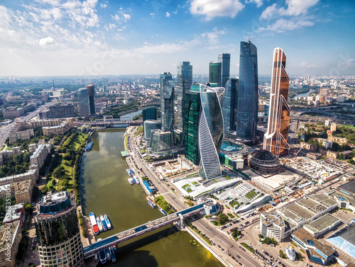 Photography Aerial view of Moscow-City, modern building at Moskva river, downtown in summer