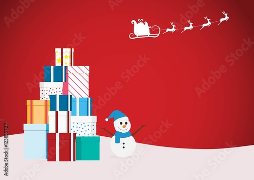 Santa claus flying with reindeer sleigh with gift boxes and snowman on Holiday Christmas background. Cartoon Vector Illustration.