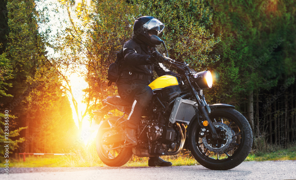 Fototapeta premium Motorradfahrer auf Landstrasse macht eine Motorradtour im Sonnenuntergang vorm Wald