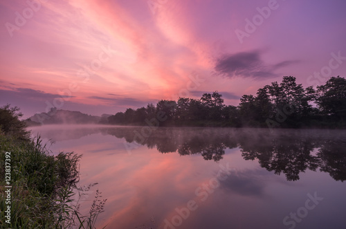 Colorful morning over Vistula river near Krakow, Poland