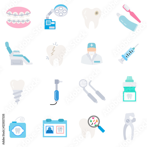 Dentistry icons set flat design. Dental clinic, symbols collection. Doctor dentist. Dental treatment and prevention of diseases of the mouth and teeth, isolated vector illustration.