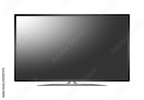 Modern 3D plasma TV. Off multimedia device with a stand with a black display with white reflection on white background. Widescreen TV with black frame. 4K television 