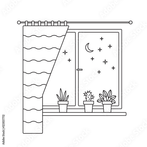 House plants in the pots on a windowsill. Night view from a window. Interior flat line illustration