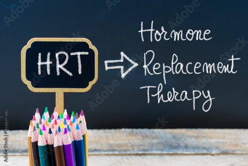 Business Acronym HRT Hormone Replacement Therapy written with chalk on wooden mini blackboard labels photo