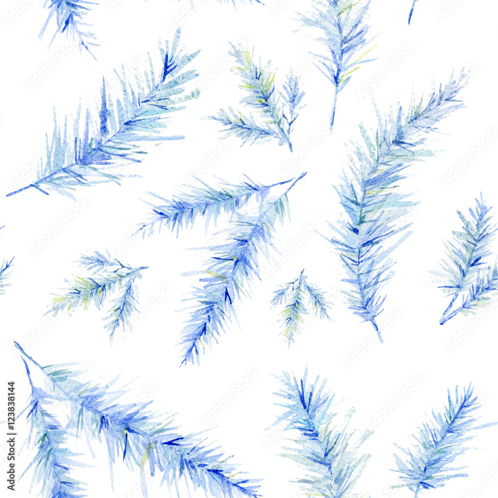 Watercolor seamless Christmas pattern. Fir birches blue design with little stars. Holiday decorations Watercolor seamless Christmas pattern. Fir birches blue design with little stars. Holiday decorations