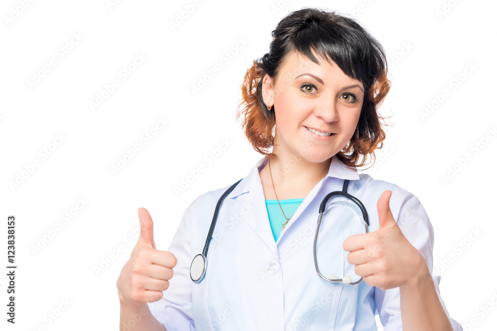 successful therapist shows gesture thumbs up on a white backgrou successful therapist shows gesture thumbs up on a white backgrou