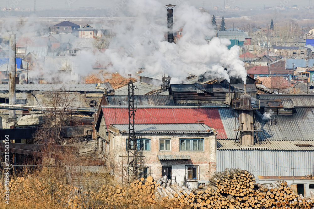 Tyumen, Russia - March 29, 2008: Plywood factory on Tura river bank. Now it is demolished