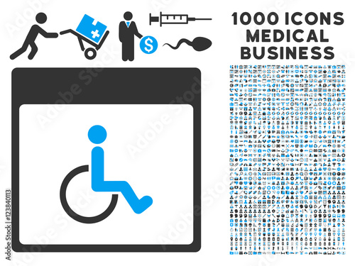 Blue And Gray Handicapped Calendar Page vector icon with 1000 medical business pictograms. Set style is flat bicolor symbols, blue and gray colors, white background.