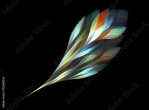 Computer fractal illustration of colorful magic feather  in watercolor style on black background
