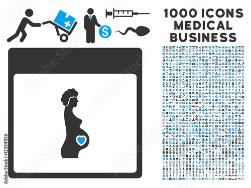 Blue And Gray Pregnant Woman Calendar Page vector icon with 1000 medical business pictograms. Set style is flat bicolor symbols, blue and gray colors, white background.