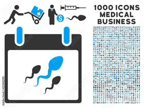 Blue And Gray Sperm Calendar Day vector icon with 1000 medical business pictograms. Set style is flat bicolor symbols, blue and gray colors, white background.