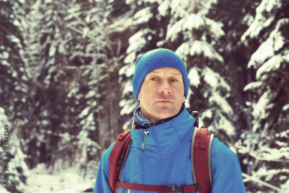 Portrait of a dreaming traveler in winter Portrait of a dreaming traveler in winter