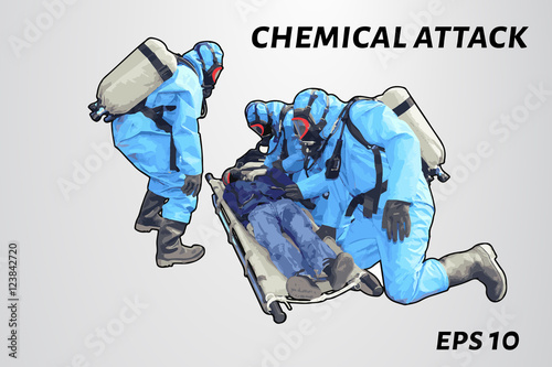 People in chemical protection save the victim. Laying on a stretcher gassed man.