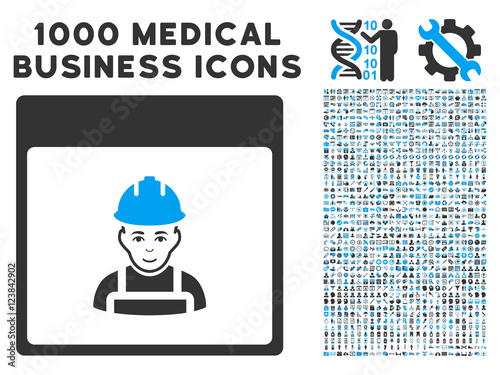 Blue And Gray Worker Calendar Page vector icon with 1000 medical business pictograms. Set style is flat bicolor symbols, blue and gray colors, white background.