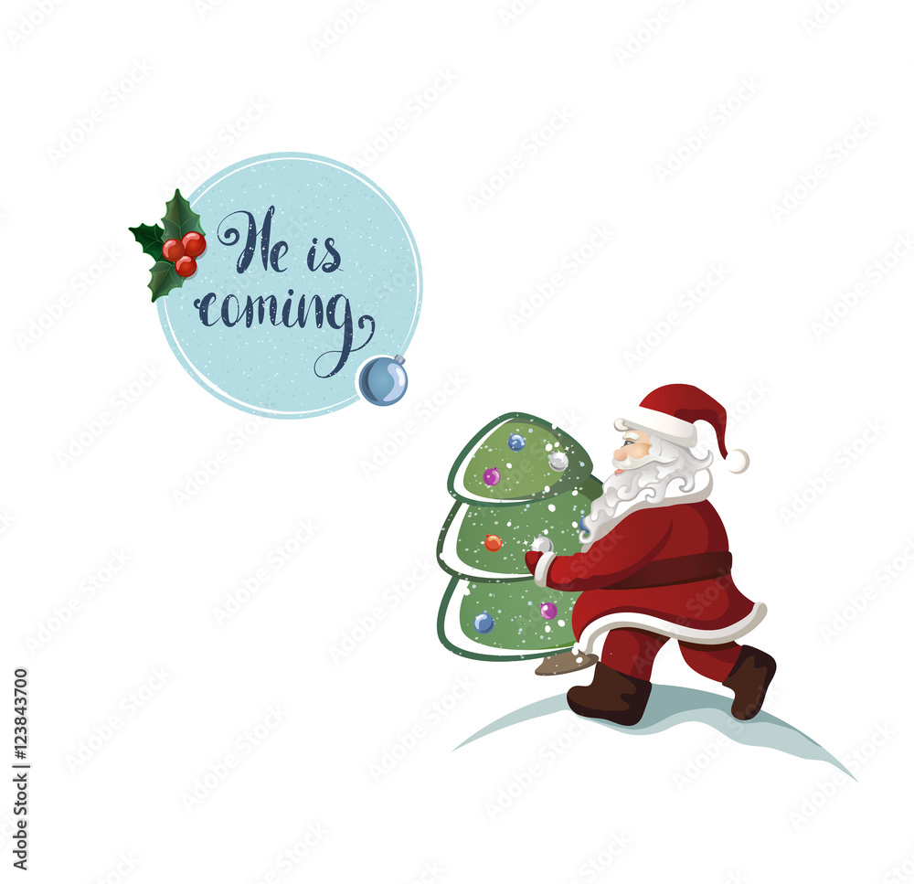 cartoon Santa Claus is carrying the christmas fir tree with holiday text. holiday greeting card cartoon Santa Claus is carrying the christmas fir tree with holiday text. holiday greeting card
