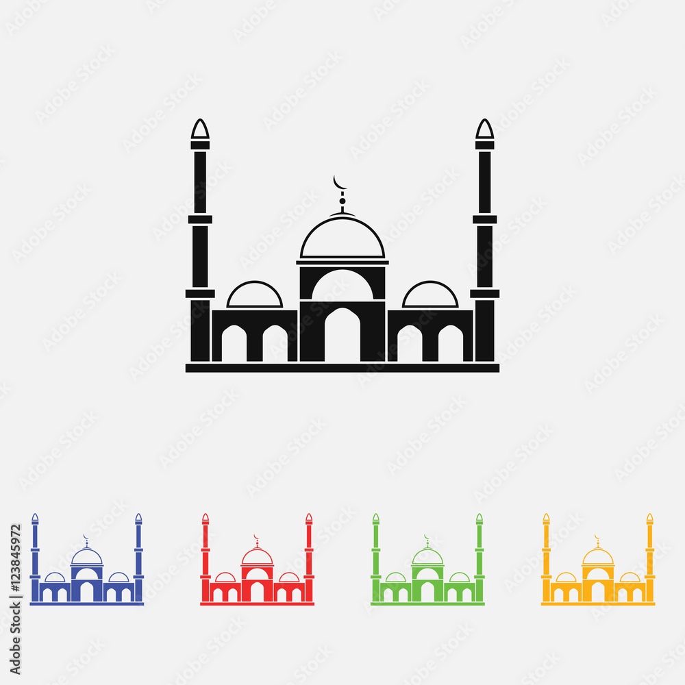 Muslim mosque isolated flat facade. Vector illustration. Religion icon. Silhouette. Flat style.