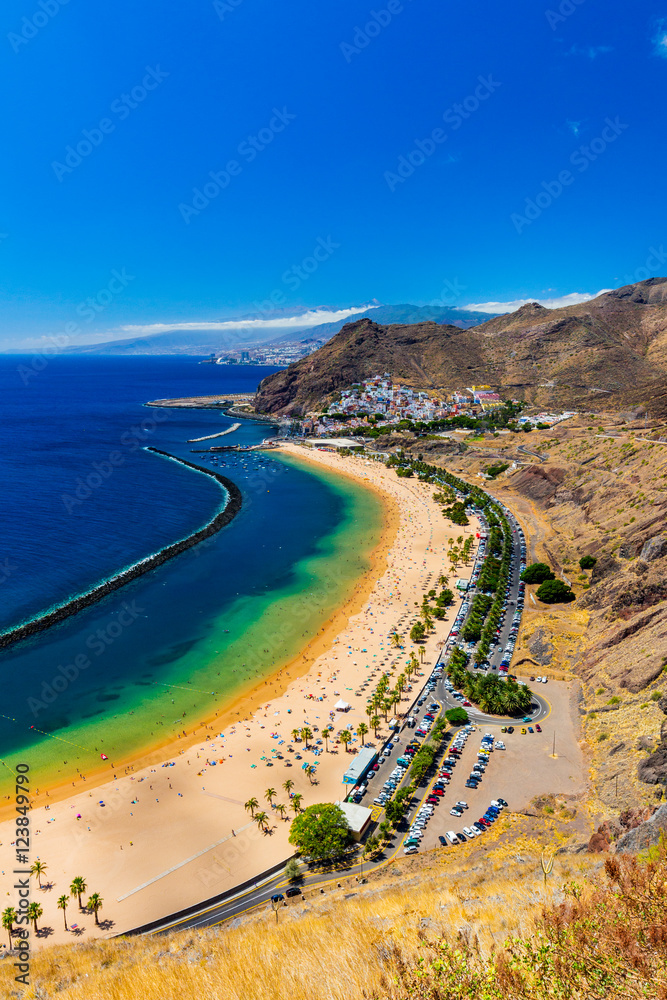 Playa de Las Teresitas, a famous beach near Santa Cruz de Tenerife in the north of Tenerife, Canary Islands, Spain - obrazy, fototapety, plakaty 