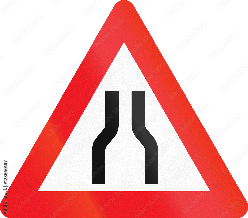 Warning road sign used in Denmark - Road narrows from both sides Warning road sign used in Denmark - Road narrows from both sides