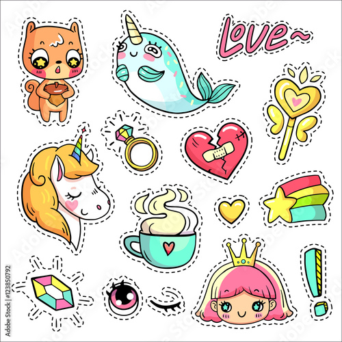 Colorful vector patch badges with animals, characters and things. Hand-drawn stickers, pins in cartoon 80s-90s comics style. Set with cute unicorn, narwhal, squirrel, princess, magic wand, etc.
