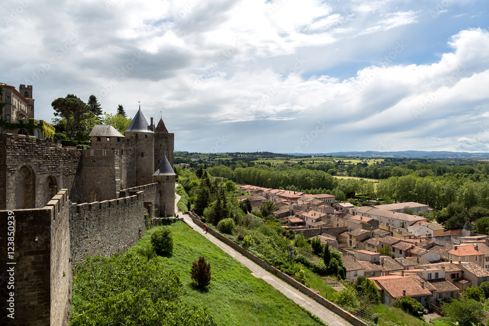 The ancient fortified city of Carcassonne, France on a spring day. The ancient fortified city of Carcassonne, France on a spring day.
