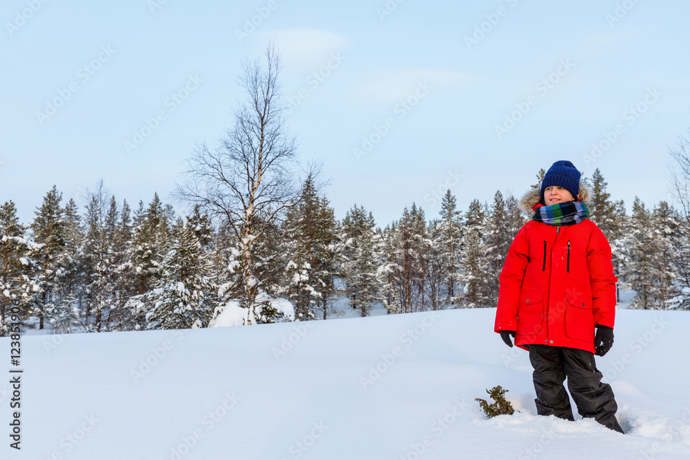 Naklejka premium Cute boy outdoors on winter
