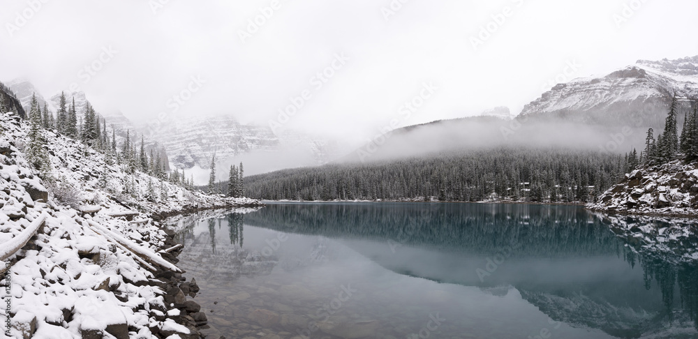 Moraine lake after a dusting of fresh snow