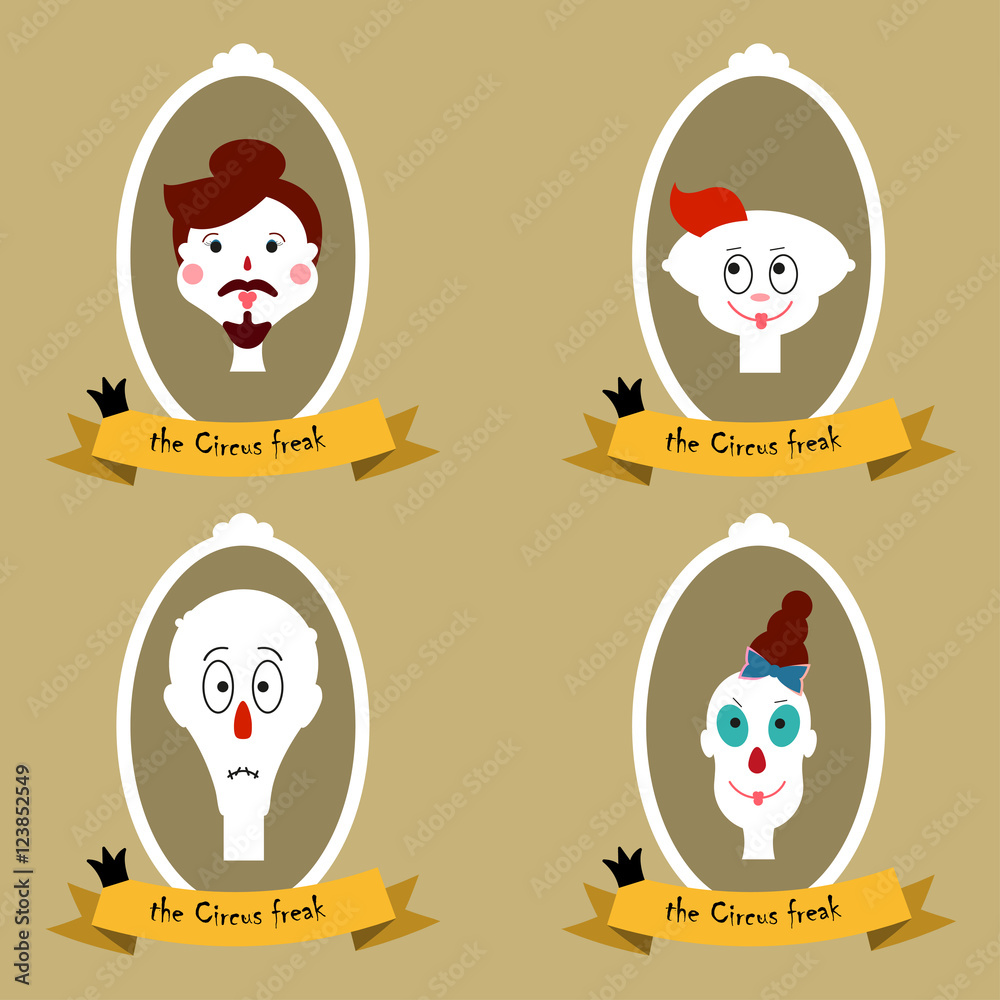The Circus Freaks Vector Illustration Portraits Of Circus Freaks In White Frames And Labels Flat Design Stock Vector Adobe Stock