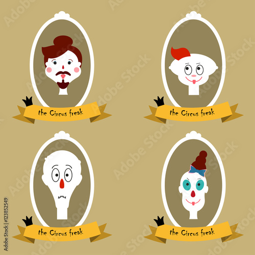 The circus freaks Vector illustration Portraits of circus freaks in white frames and labels Flat design