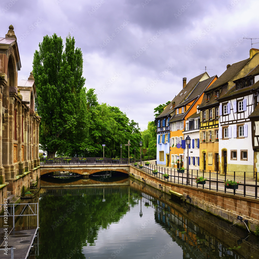 Colmar, Petit Venice, water canal and traditional houses. Alsace