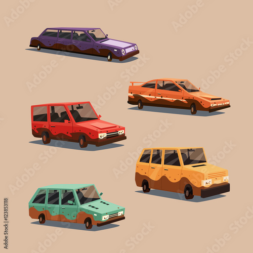 Set of dirty vintage american automobile. Cartoon vector illustration