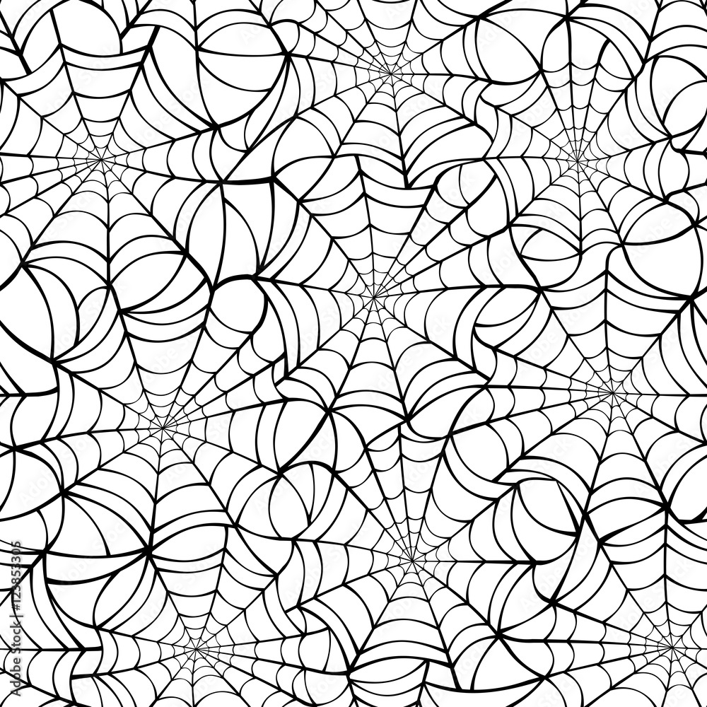 Vector seamless texture with black spider web on a white background.