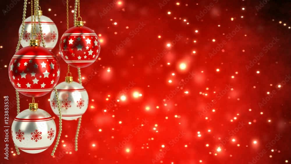 red and silver christmas balls with glitter bokeh background. Seamless loop. 3D render