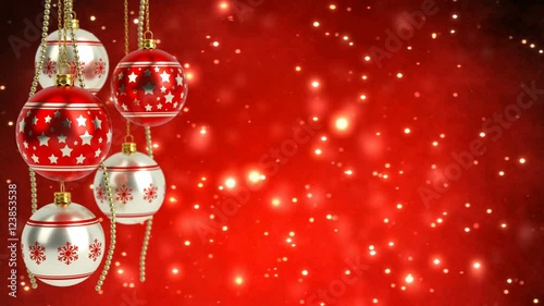 red and silver christmas balls with glitter bokeh background. Seamless loop. 3D render