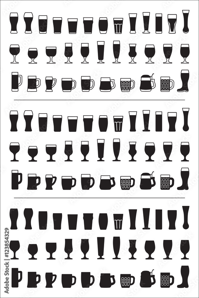 Set of black icons beer glass. Beer glasses and mugs silhouettes. Vector illustration