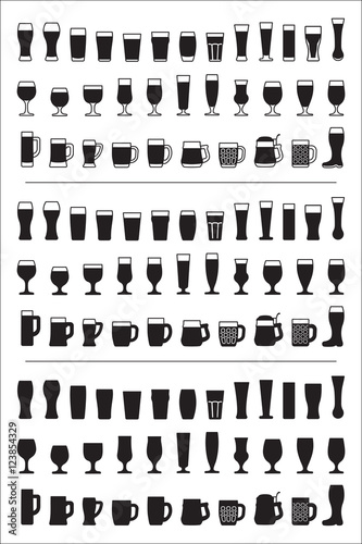 Set of black icons beer glass. Beer glasses and mugs silhouettes. Vector illustration