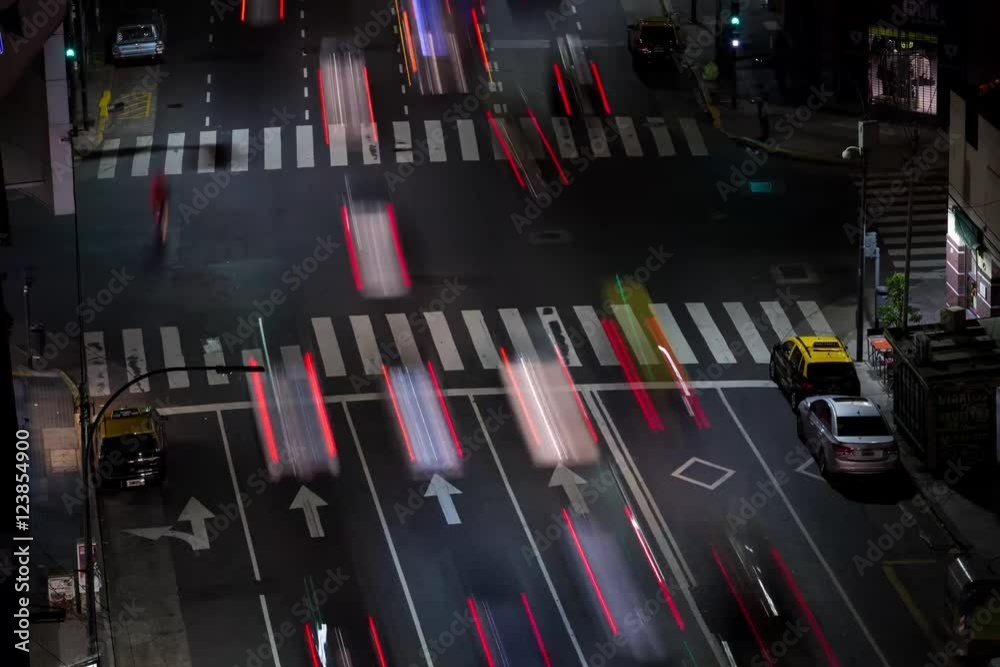 Timelapse scene from top of a building, like aerial shoot, of avenue in buenos aires argentina. Rhythm and pulse of traffic in the city. Night clip with street lights. Still camera. Urban cityscape.