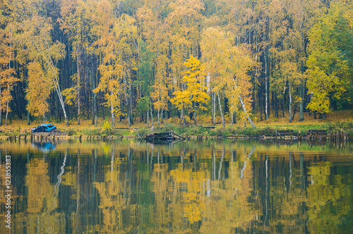 The shore of the lake on a calm misty autumn day. The view from the water. Yellowing forest on the banks