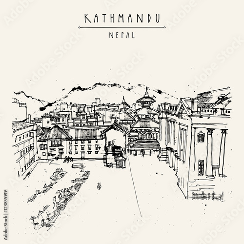 Durbar square and Maju Deval temple in Basantapur, Kathmandu, Nepal, before the earthquake. Travel sketch. Hand drawn vintage postcard, poster template or book illustration in vector photo