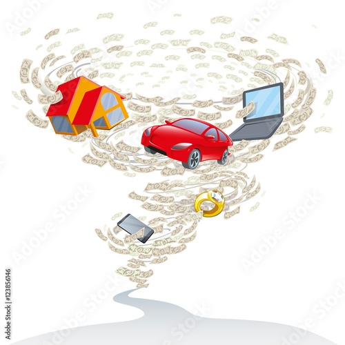 A lot of money, dollars bills in a strong wind in the form of a tornado, storm raised and spin the car, gadgets, laptop, technology, house, jewelry. The concept of financial, crisis, crediting. Vector
