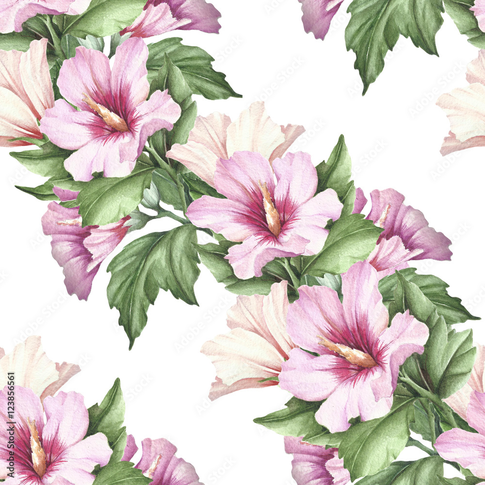Seamless pattern with hibiscus. Hand draw watercolor illustration.