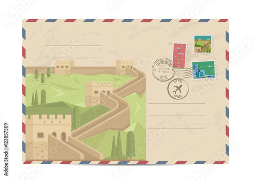 China vintage postal envelope with postage stamps and postmarks on white background, isolated vector illustration. Air mail stamp. Great wall of China. Postal services. Envelope delivery.